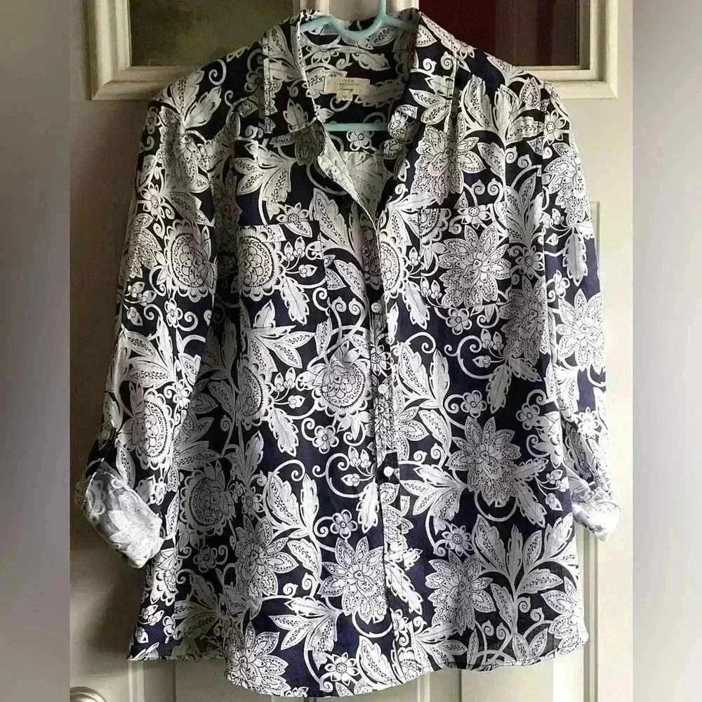 Charter Club 100% Linen Luxury floral blu&white Top Button Down Shirt Sz Medium